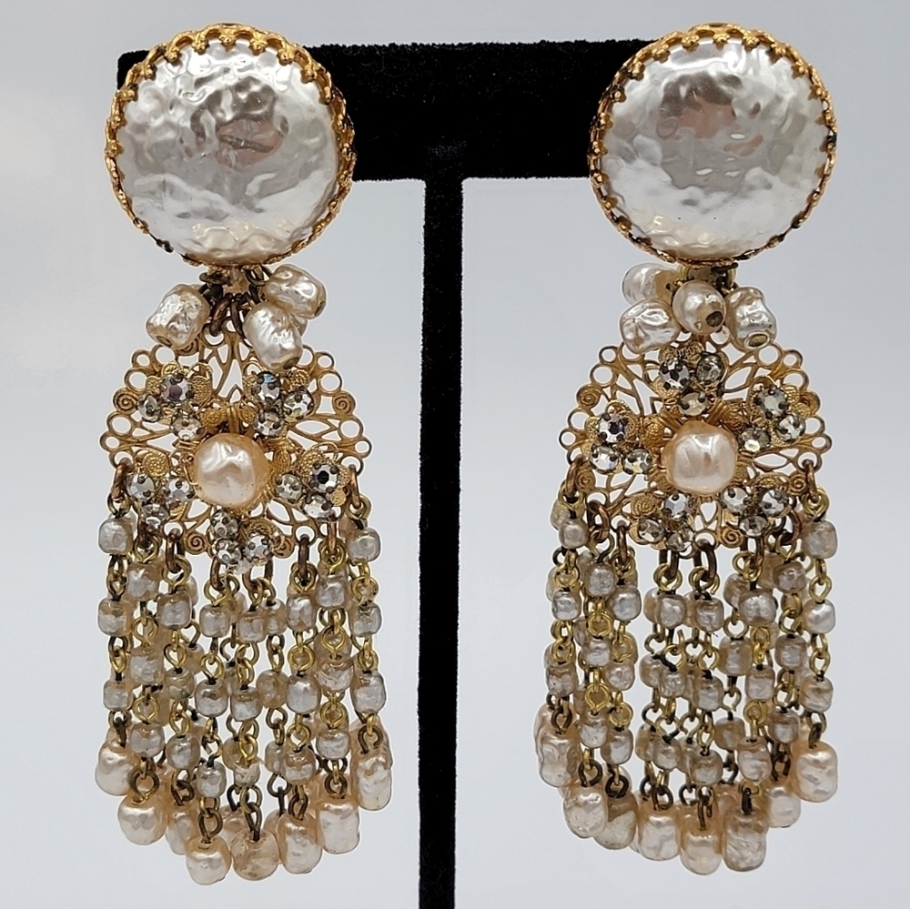 Vintage Miriam Haskell Earrings Extravagant Chandelier Filigree & Faux Pearls